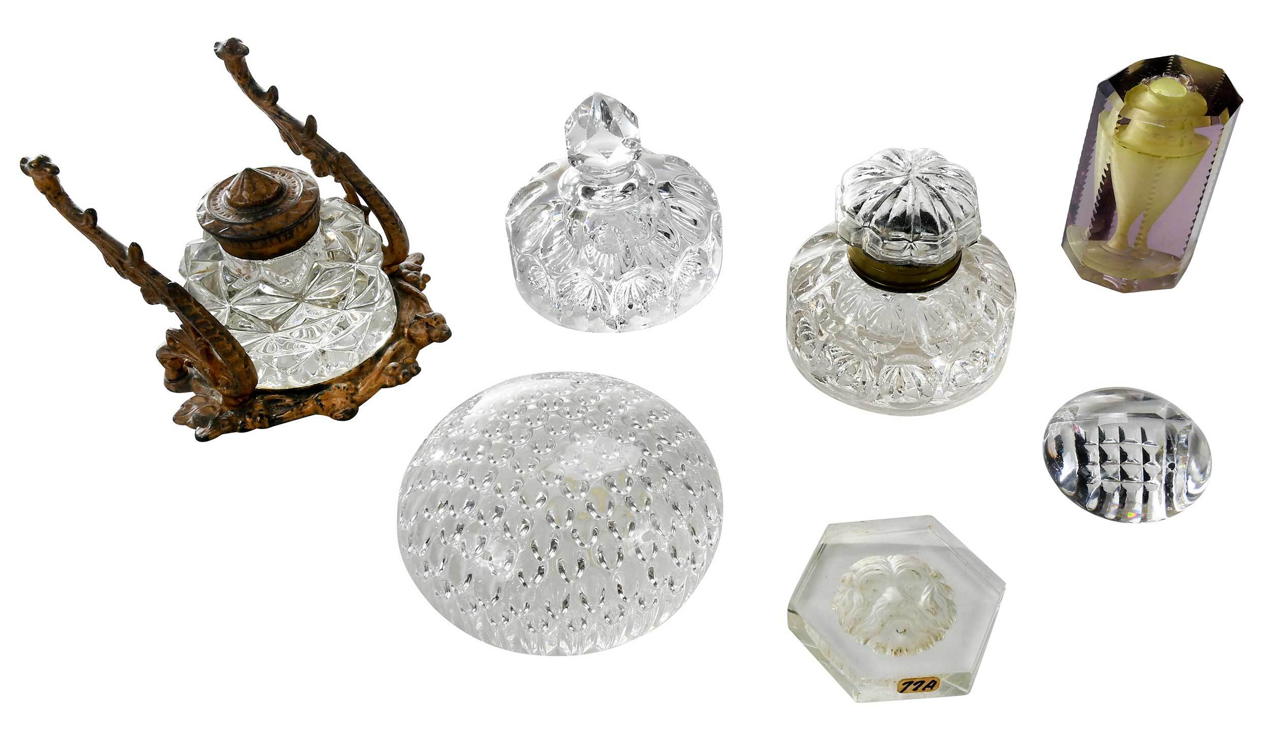 17 Clear Glass Paperweights and Inkwells Barnebys
