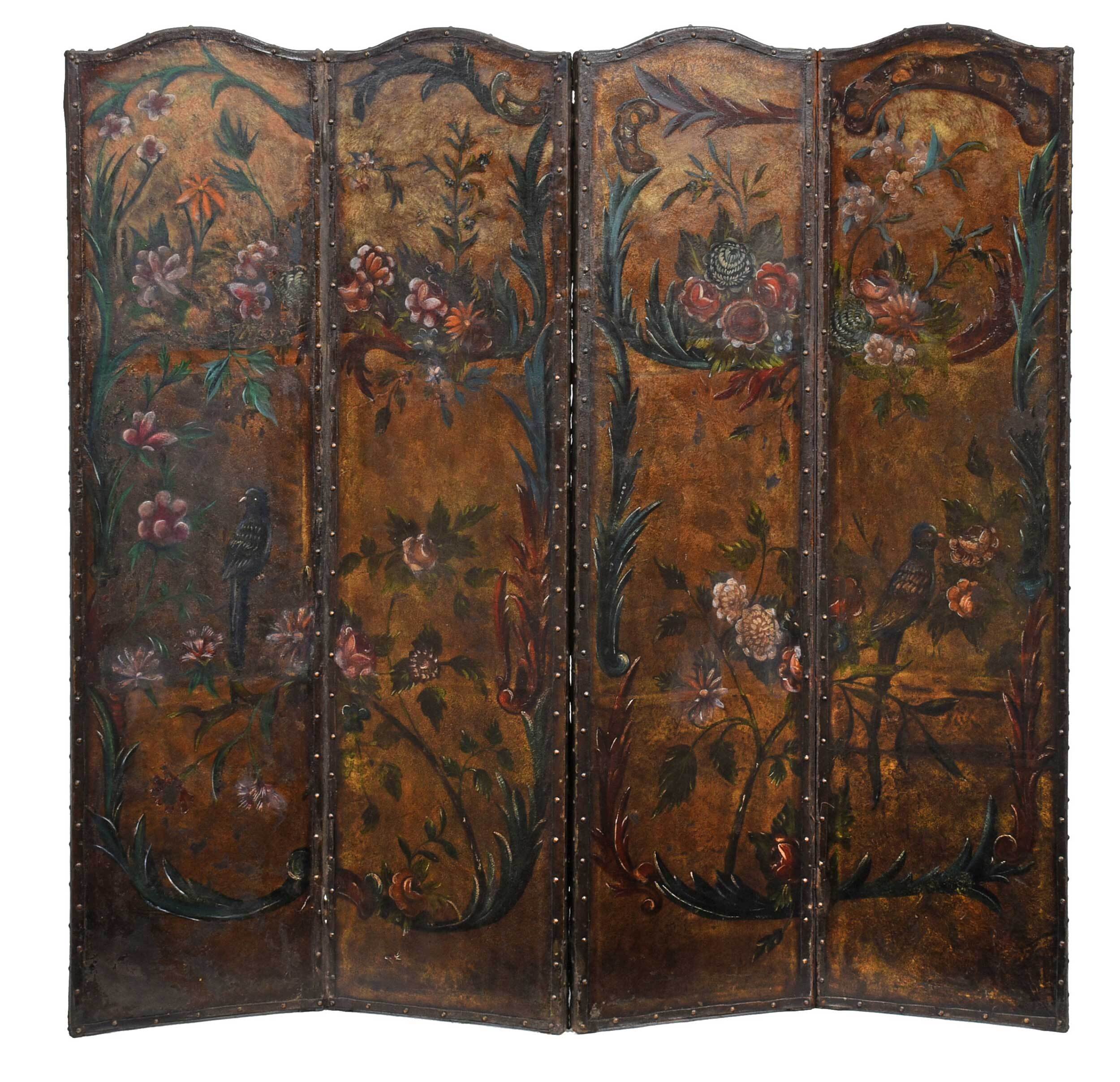 Hand Painted Four Panel Leather Room Screen Barnebys